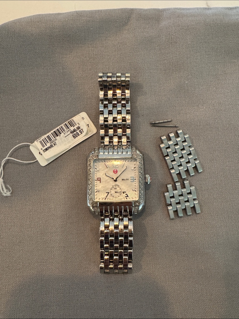 Michele Silver-Tone Stainless Steel Square Dial Bracelet Watch